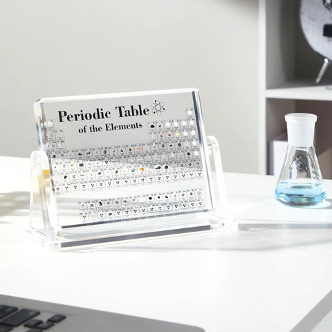 Cool Clear Acrylic Periodic Table With Real Elements Inside Size 6.7 By 4.7 Inches Ultimate Educational STEM Gift on desk