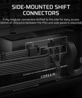 Side view of RM1000x Shift 2025 Fully Modular ATX Power Supply With Side Interface Native 12V 2x6 GPU Cable connectors in black finish