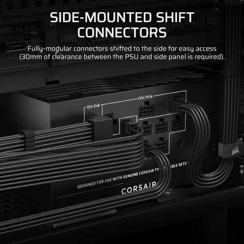 Side view of RM1000x Shift 2025 Fully Modular ATX Power Supply With Side Interface Native 12V 2x6 GPU Cable connectors in black finish