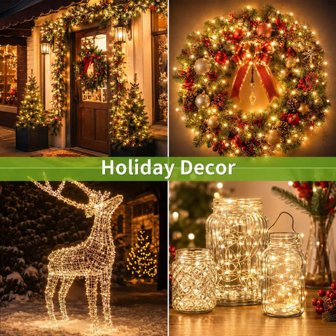 Outdoor Solar String Lights With 100 LEDs 33 Feet 8 Modes Weatherproof Fairy Lights illuminating holiday decorations
