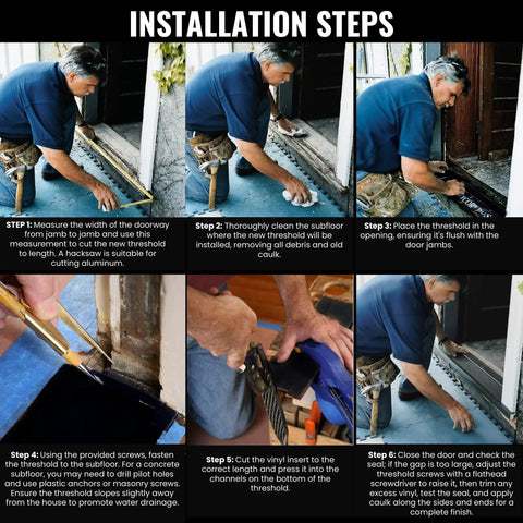 Installation steps for Heavy Duty Adjustable Aluminum Threshold For Secure Exterior Doors Commercial Or Residential Drip Free Black Finish 36 Inch Wide.