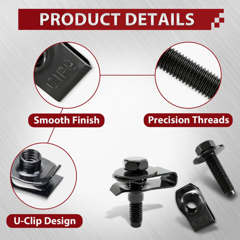 50 Pcs M6x1.0 Automotive Body Bolts And U Nut Clips Kit showing smooth finish, precision threads, and U-clip design
