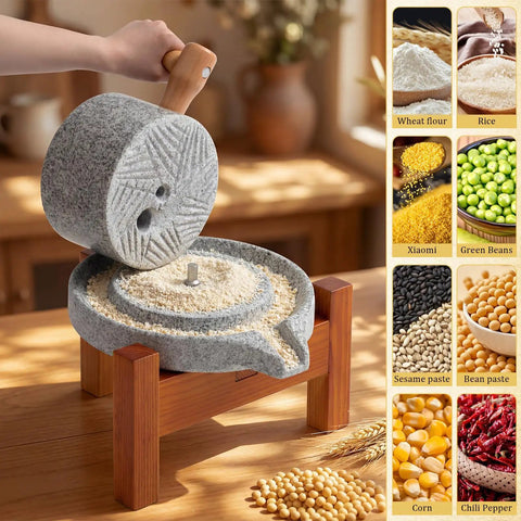 Hand-cranked Stone Grain Mill Grinder For Home Use With Solid Wood Base, grinding wheat, grains, and sesame into fresh flour.