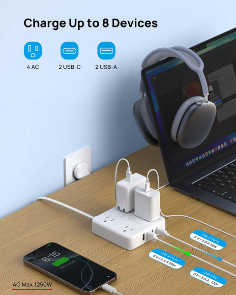 Two Prong Power Strip With 10Ft Cord And 1440J Surge Protector Turns One Old Two Hole Outlet Into Four 3 Prong Outlets And Four USB Ports Wall Mount White, shown on desk with devices charging