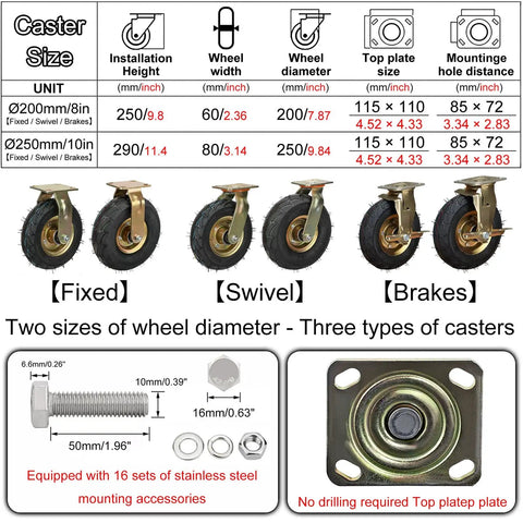 Heavy Duty Pneumatic Rubber Caster Wheels With Brakes Heavy Hitters 4 Pack sizes 8in and 10in for furniture and carts.