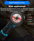 Beast Cordless Angle Grinder 19500 RPM with 12V battery pack, 3-inch metal cutting disc shown in a workshop setting.