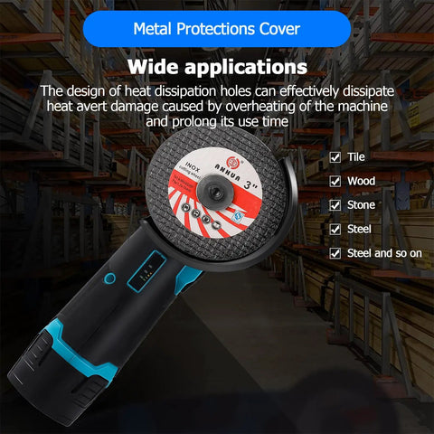 Beast Cordless Angle Grinder 19500 RPM with 12V battery pack, 3-inch metal cutting disc shown in a workshop setting.