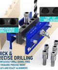 Self Centering Doweling Jig Kit For Straight Holes With Six Drill Guide Bushings Pro Grade Biscuit Joiner Tool Adjustable Width Drilling Guide Durable Aircraft Grade Aluminum Easy Setup For Precise Woodworking Blue in use showcasing drill sleeves and precise alignment.