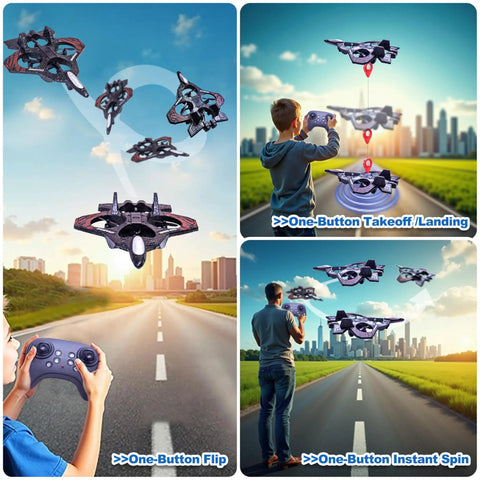 Foam RC Airplane With LED Lights Remote Control Fighter Jet For Night Flights Outdoor 360 Degree Flip And Spin Stunts Easy Takeoff For Beginners And Adults flying in city skyline with child controlling remote.