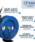 Heavy Duty All Steel 3/8 Inch By 50 Foot Retractable Air Hose Reel With Automatic Rewind in blue steel with specs
