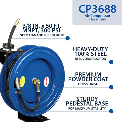 Heavy Duty All Steel 3/8 Inch By 50 Foot Retractable Air Hose Reel With Automatic Rewind in blue steel with specs