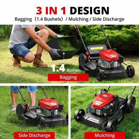 21-Inch Gas Push Lawn Mower With 144cc OHV Engine, Steel Deck, 3-In-1 Mulching Bagging Side Discharge, Easy Start Walk-Behind For Small To Medium Yards; bagging, side discharge, mulching