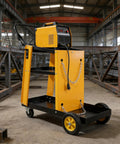 Heavy Duty Multi-Function Welder Trolley For Mig Tig Arc Plasma Cutter with chain and yellow design in workshop.