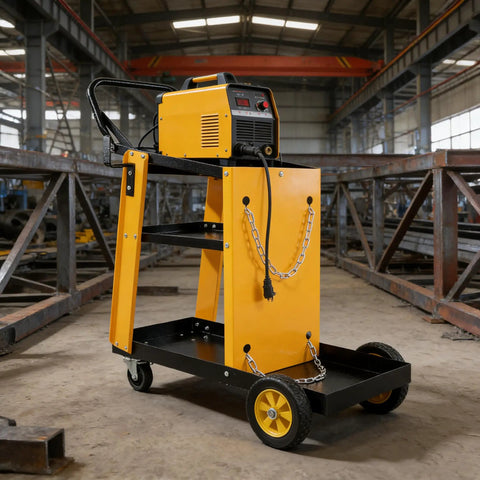 Heavy Duty Multi-Function Welder Trolley For Mig Tig Arc Plasma Cutter with chain and yellow design in workshop.