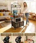 Woman using Rolling Coffee Bar Cart On Wheels For Small Spaces With 5-Tier Storage, Syrup Rack And Tea Pod Drawer, Rustic Brown Finish