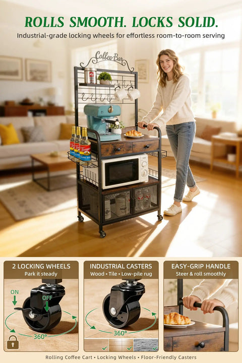 Woman using Rolling Coffee Bar Cart On Wheels For Small Spaces With 5-Tier Storage, Syrup Rack And Tea Pod Drawer, Rustic Brown Finish