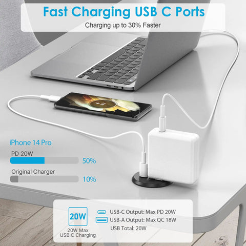 Recessed Desk Power Grommet With 20W Usb C Pd Fast Charging offering fast charging for iPhone 14 Pro on clean workspace.