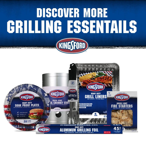 Various Kingsford grilling essentials including quick light fire starter rolls with all natural hardwood and paraffin no lighter fluid needed.