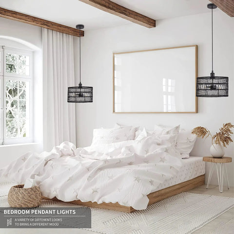 Room with Black Rattan Pendant Lights Drum Chandelier Dope Wicker Light Fixtures Ceiling Hanging Boho Bamboo Pendant Lamp E26