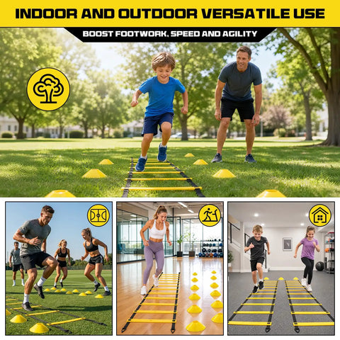 Two Pack 20ft Agility Ladder Set For Parallel Footwork Drills, 40ft Total Speed Ladders With 12 Cones used by kids and adults outdoors
