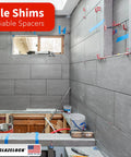 Glazelock plastic tile shims multipack for leveling tiles in bathroom tiling; gray tile walls; Glazelock brand