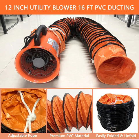 Portable 12 Inch Axial Exhaust Fan With Powerful 790W 7A Motor, High Velocity, orange color with 16 ft PVC duct hose