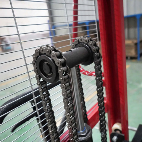 Close-up view of Heavy Duty Drum Lifter And Rotator Tool For 55 Gallon Steel Or Plastic Barrels with chain mechanism showing detail.