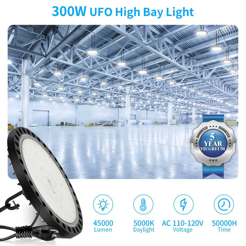 300W UFO High Bay Light in warehouse, focus on 2 Pack 300W LED High Bay UFO Lights With 5000K White, 30,000 Lumens, IP65, US Plug And Play