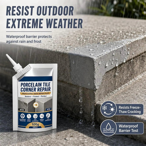 Nails Your Tile Repair Game Waterproof Stone Corner Filler Gray Crack Compound 100g in use sealing outdoor tile edges.