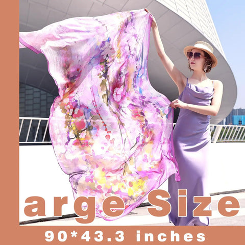 Woman holding Extra Large One Hundred Percent Mulberry Silk Shawl For Women Dope Lightweight Pashmina Wrap Floral Pattern Ninety By Forty Three Inches