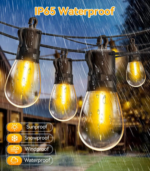Outdoor String Lights 50 Ft Waterproof Patio Led With 15 S14 Edison Bulbs Remote Dimmable Connectable Balcony Pergola Hanging Lighting for Backyard Party Vibes and Garden Gazebo Energy Saving Illumination shown in rain.