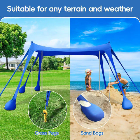 Beach Tent Sun Shelter 10x10ft Portable Shade Canopy UPF50 Sun Protection With 8 Sandbags and Ground Pegs in use on grass and sand
