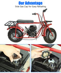 Gas Tank Replacement 0.81 Gallon For Predator 212cc side-fill cap on mini bike with close-ups of refueling process