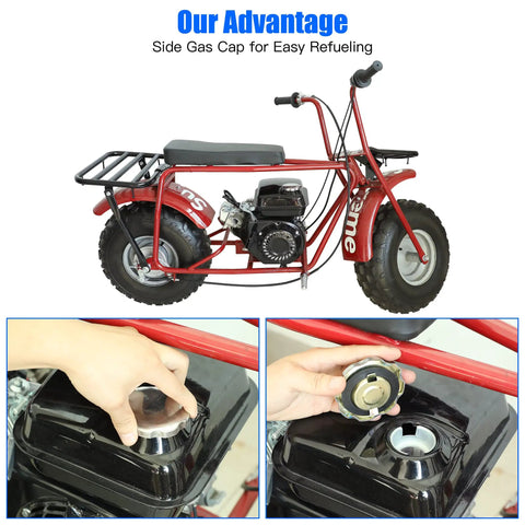 Gas Tank Replacement 0.81 Gallon For Predator 212cc side-fill cap on mini bike with close-ups of refueling process