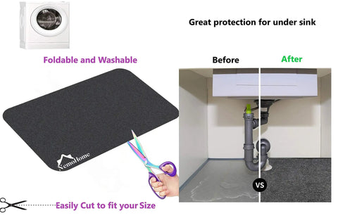 Comparison of before and after using Absorbent Refrigerator Floor Mat 30 X 63 Inches With PVC Backing for leak protection under sink.