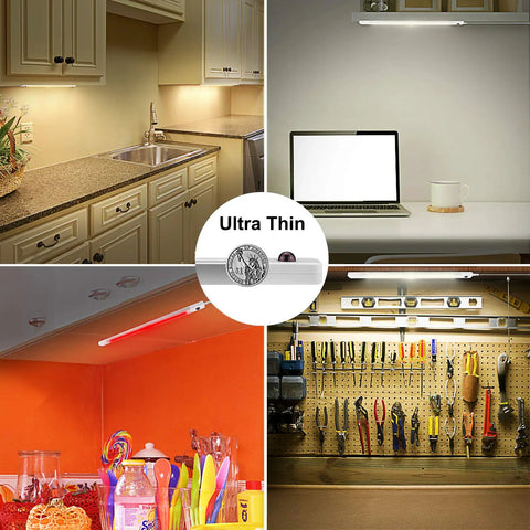 Under Cabinet Lighting With Remote, Color Changing RGB LED Light Bar illuminating various kitchen and work spaces.