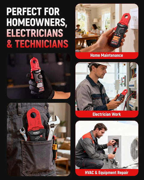 Round Jaw Digital Clamp Meter With NCV And 2000 Counts in use for home maintenance, electrician work, HVAC and repair tasks.