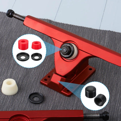Rad 90A PU Longboard Skateboard Bushings Rebuild Kit With Washers And Pivot Cups Red shown with truck parts on surface