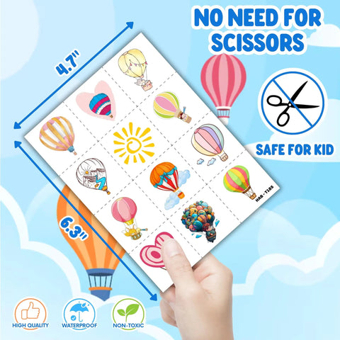Hot Air Balloon Themed Temporary Tattoos Set For Kids 96 Pcs Pre Cut Stickers, sheet showing colorful balloon designs.