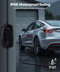 40 Amp Level 2 Portable EV Charger With 240 Volt Supply 25 Foot Cable NEMA 14 50P Plug LCD Display NACS Connector Adjustable 10 16 20 24 32 40 Amp Fast Home Charging For Tesla Model Y X 3 S outdoor charging.
