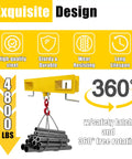 Heavy Duty Universal Forklift Lifting Hook Rated For 4800 Lb Loads built from yellow steel with 360° rotation and safety latch.