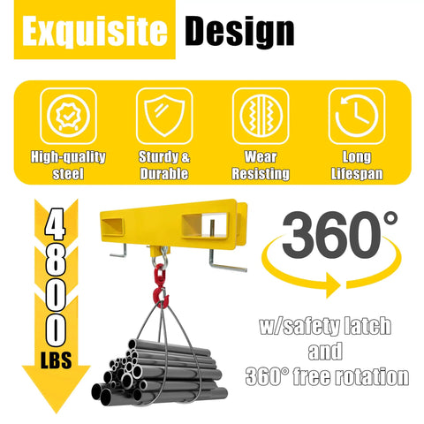 Heavy Duty Universal Forklift Lifting Hook Rated For 4800 Lb Loads built from yellow steel with 360° rotation and safety latch.