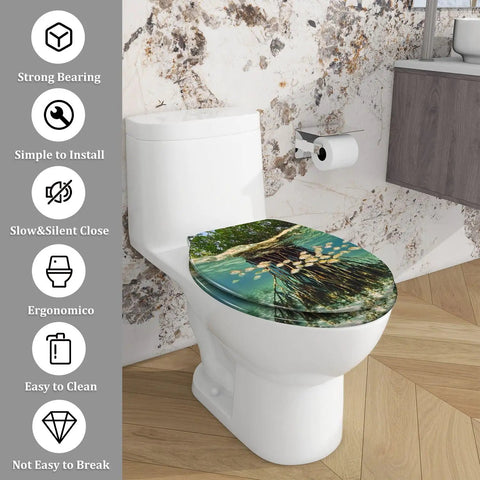 Resin Elongated Toilet Seat for Bathroom displayed on a white toilet with floral design, 40-47cm fitting.