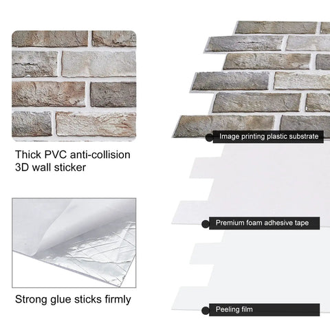 Peel And Stick Brick Wallpaper Tiles 12 Sheets 11.7 By 11.7 Inch Removable Backsplash For Kitchen Bathroom Living Room Decor Easy Install Durable Plastic Brick Pattern Tiles Covering About 10 Sq Ft With Vintage Look showing layers and adhesive details.