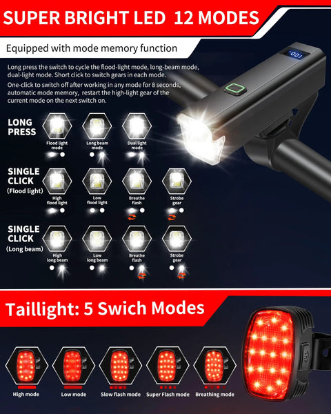6000 Lumen USB C Rechargeable Bike Headlight And Taillight Set For Night Riding, Ultra Bright Waterproof Bicycle Lights With 12 Plus 5 Modes For Road, Mountain And Casual Cycling