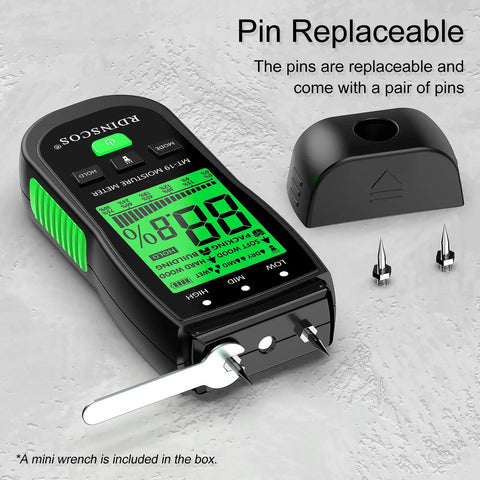Pin Type Wood Moisture Meter With Hold Function 12mm Probes Big Backlit LCD Screen And Three Color LED Bar Graph For Easy Accurate Wood Moisture Readouts Ideal For DIY Carpentry And Home Renovation Projects. with replaceable pins