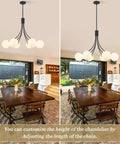 Dining room with adjustable height chandelier, not Wagon Wheel Chandelier With Vintage Wood Grain Look, Dope 6 Light Black And Gold.