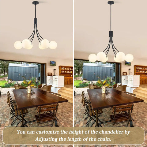 Dining room with adjustable height chandelier, not Wagon Wheel Chandelier With Vintage Wood Grain Look, Dope 6 Light Black And Gold.