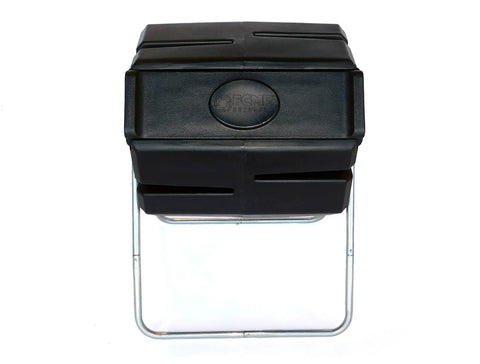Front view of 37 Gallon Plastic Single Chamber Rotating Tumbling Compost Bin With Elevated Stand For Outdoor Rolling Garden Composting Easy Yard And Kitchen Waste To Rich Soil.
