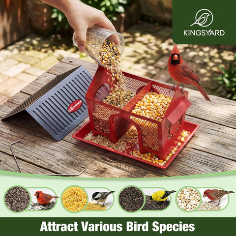 Outdoor Hanging Bird Feeder With Dual Mesh Compartments, Metal Seed Tray, And Weatherproof Roof, 3 Lb Large Capacity, Red Finish